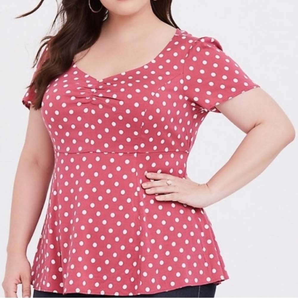 Torrid Pink Polka Dot Self Tie Short Sleeve Top Size 3 (Plus)